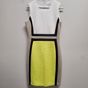 Calvin Klein Womens Colorblock Sheath Dress Neon Yellow White Tan Black Size 10